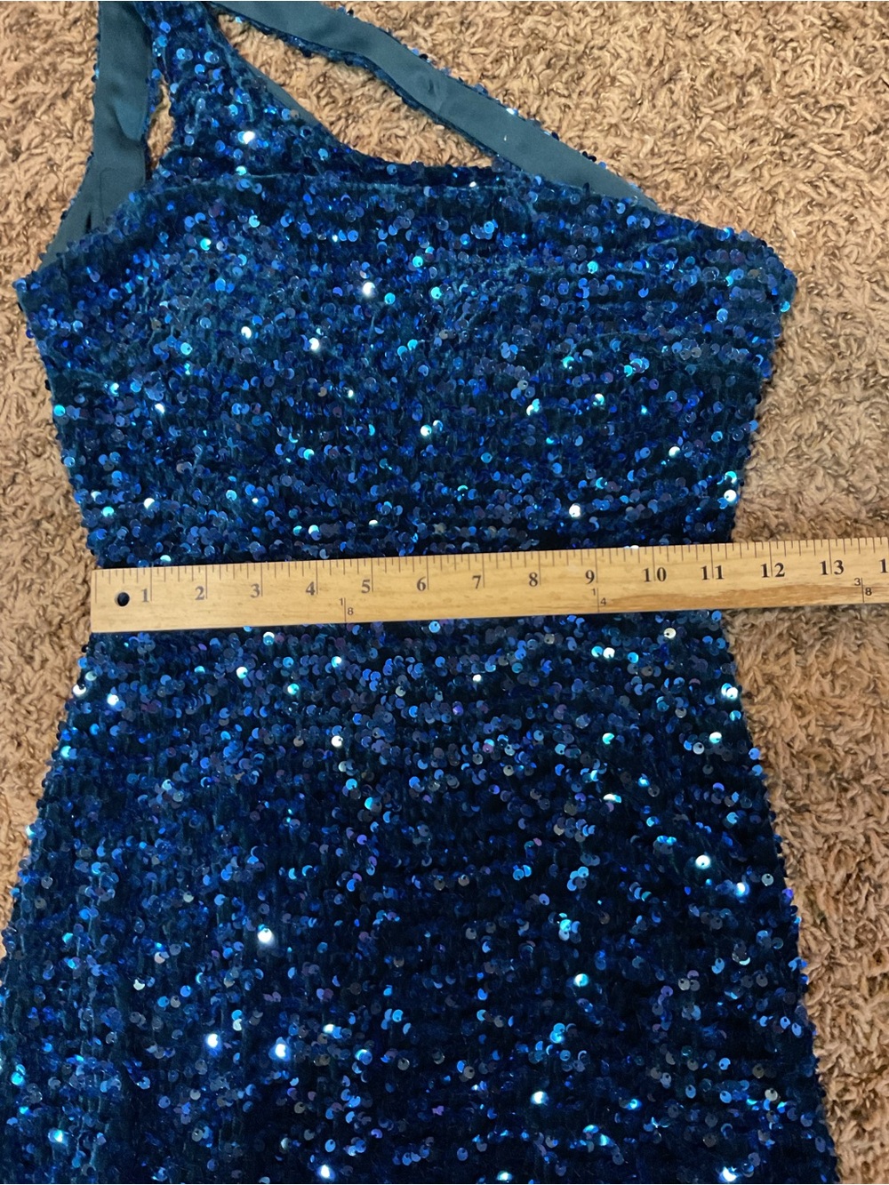One-Shoulder Navy Sequin Evening Gown w/ slit hem and Open Back - Picture 14 of 14